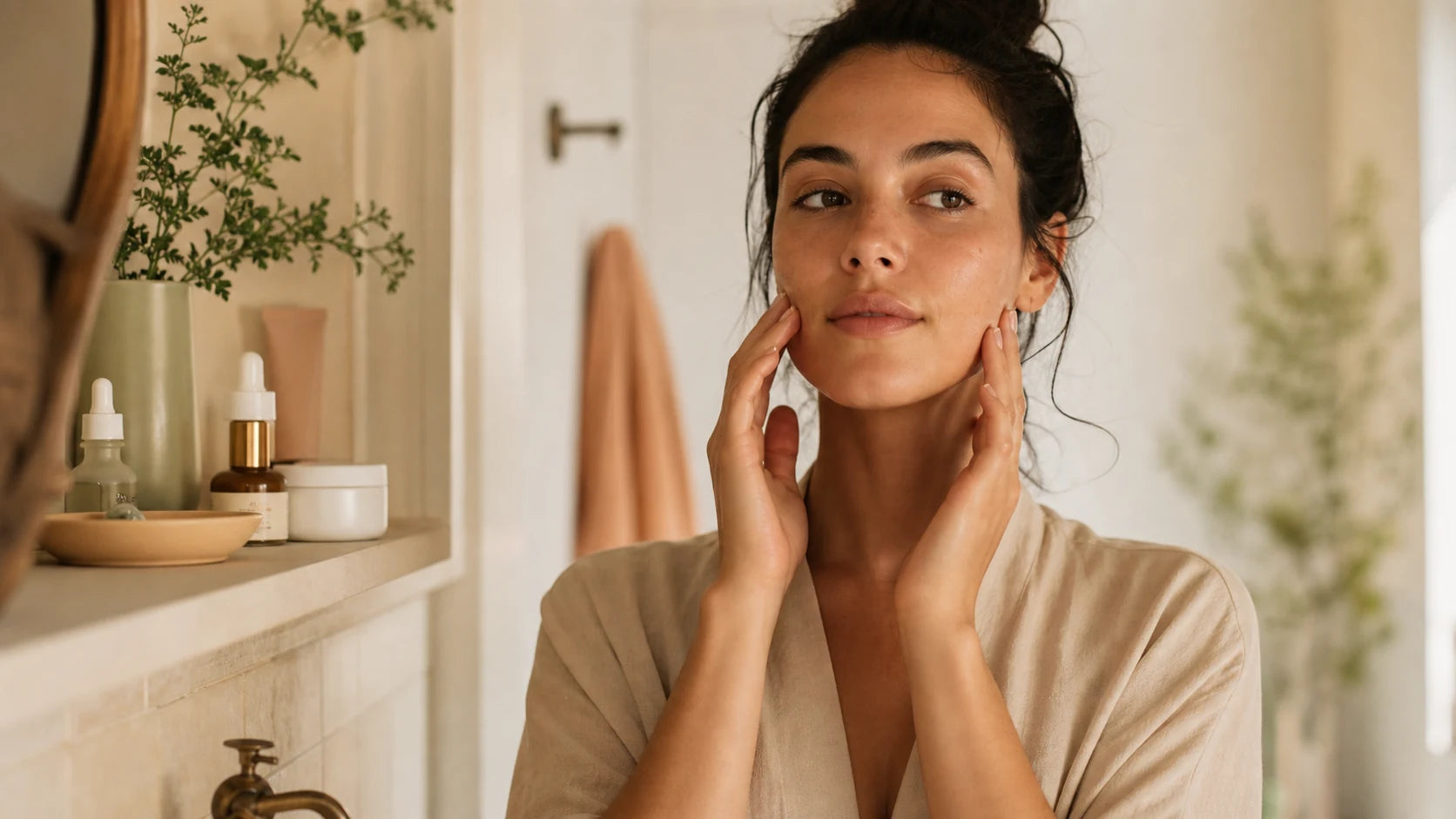 Model applying lightweight skincare beside a warm bathroom mirror