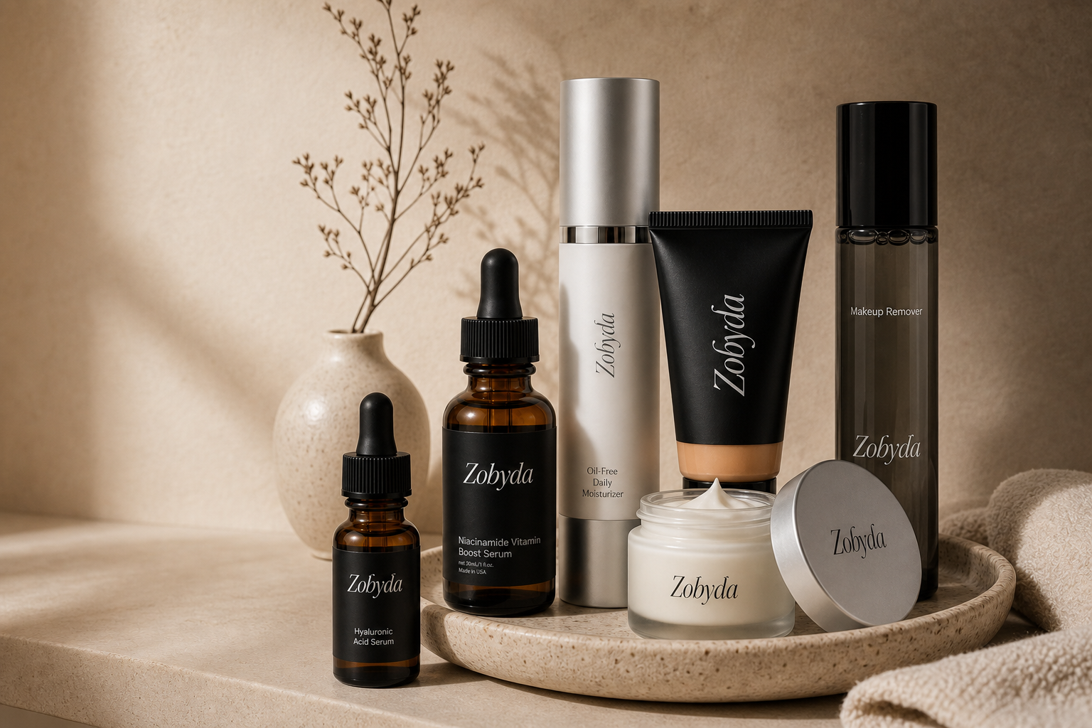 Zobyda skincare products arranged on a warm bathroom shelf