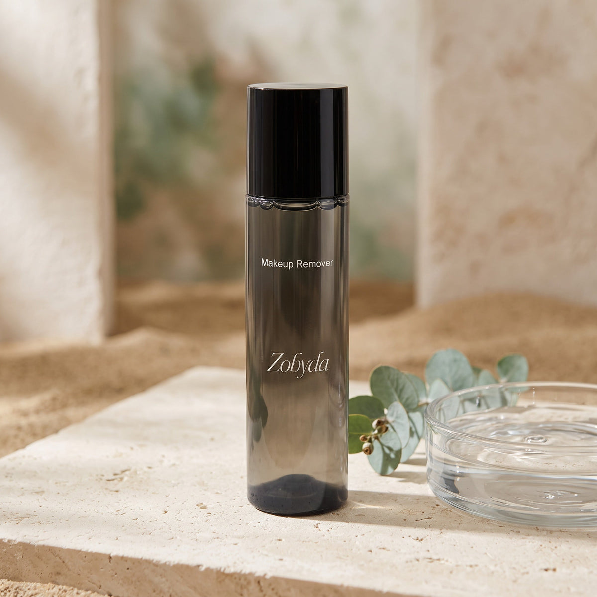 Zobyda Makeup Remover Solution 100ml bottle with eucalyptus and a dish of water