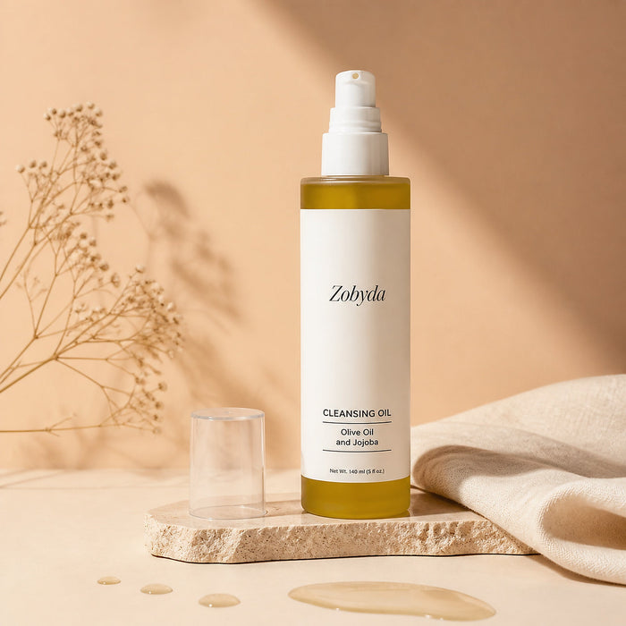 Zobyda Cleansing Oil 140ml bottle on travertine with dried botanicals in warm light