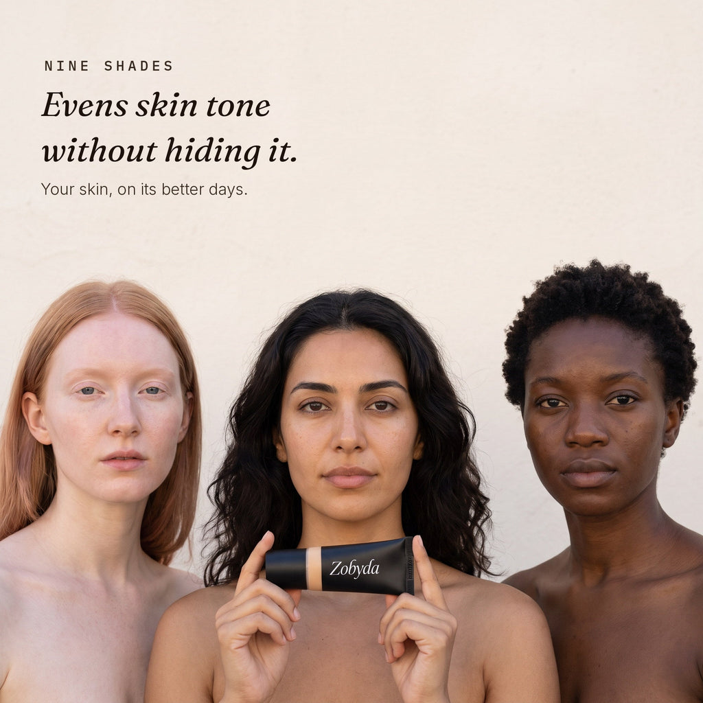 Three women of different skin tones with Zobyda Tinted Moisturizer, nine shades
