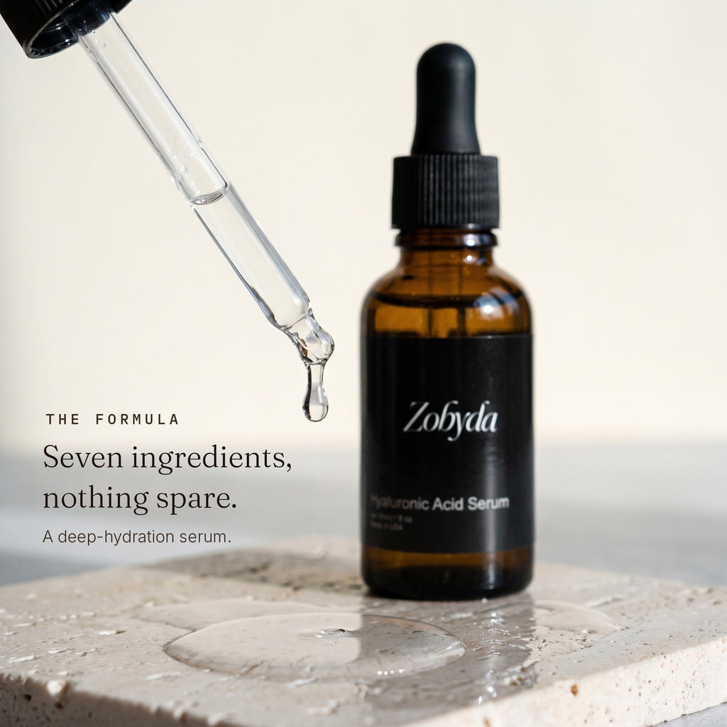 A drop of Zobyda Hyaluronic Acid Serum falling from the glass dropper beside the bottle