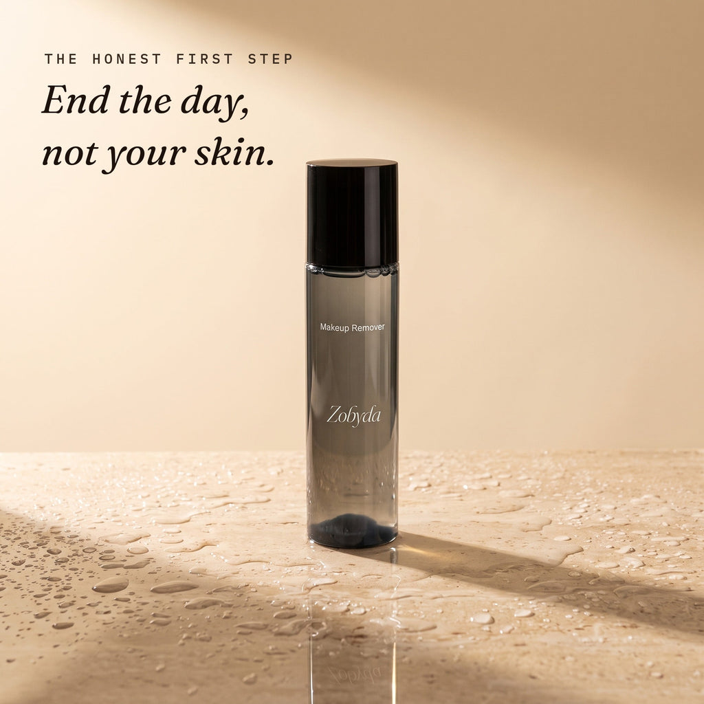 Zobyda Makeup Remover Solution on wet stone with water droplets