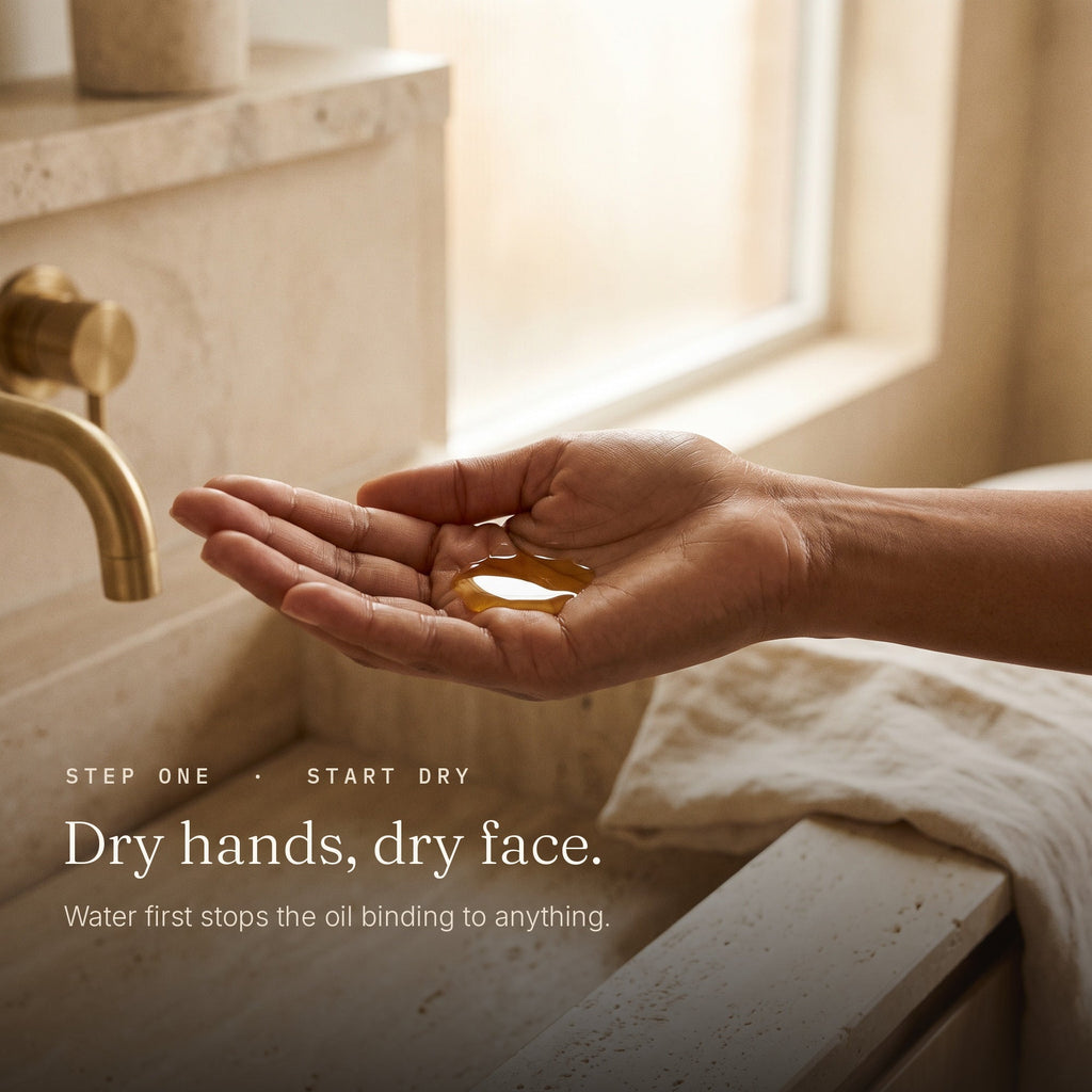 How to use Zobyda Cleansing Oil: start with dry hands and a dry face