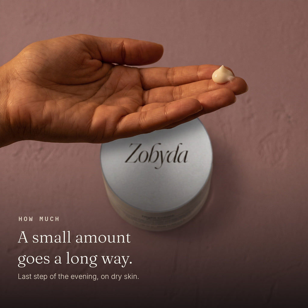 How much Zobyda Night Renewal Creme to use: a small amount on the fingertips, jar behind