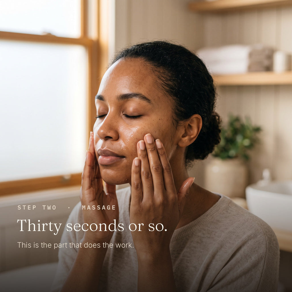 Woman massaging Zobyda Cleansing Oil into her face for thirty seconds