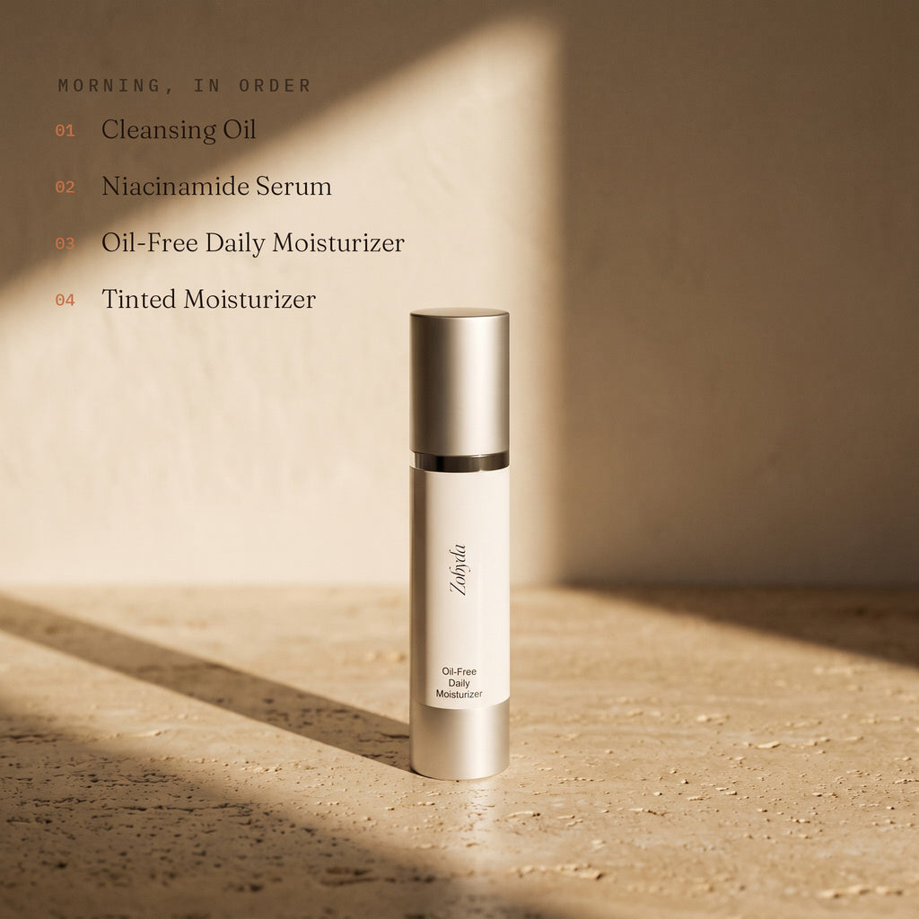 Zobyda Full Edit morning routine order: cleansing oil, niacinamide serum, oil-free moisturizer, tinted moisturizer