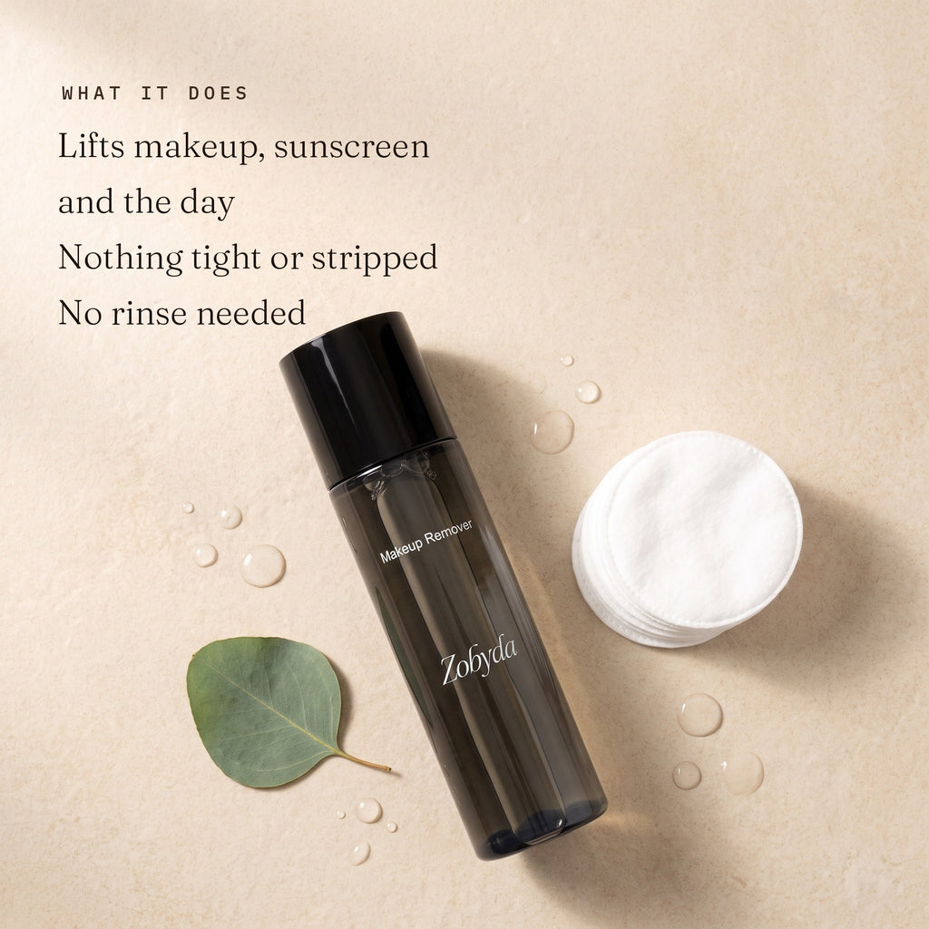 Zobyda Makeup Remover Solution lifts makeup and sunscreen with no rinsing