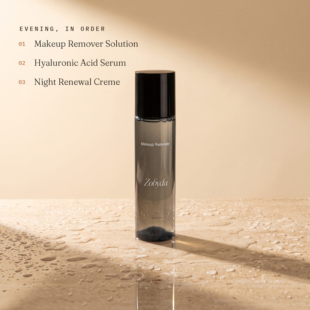 Zobyda Full Edit evening routine order: makeup remover, hyaluronic acid serum, night renewal creme