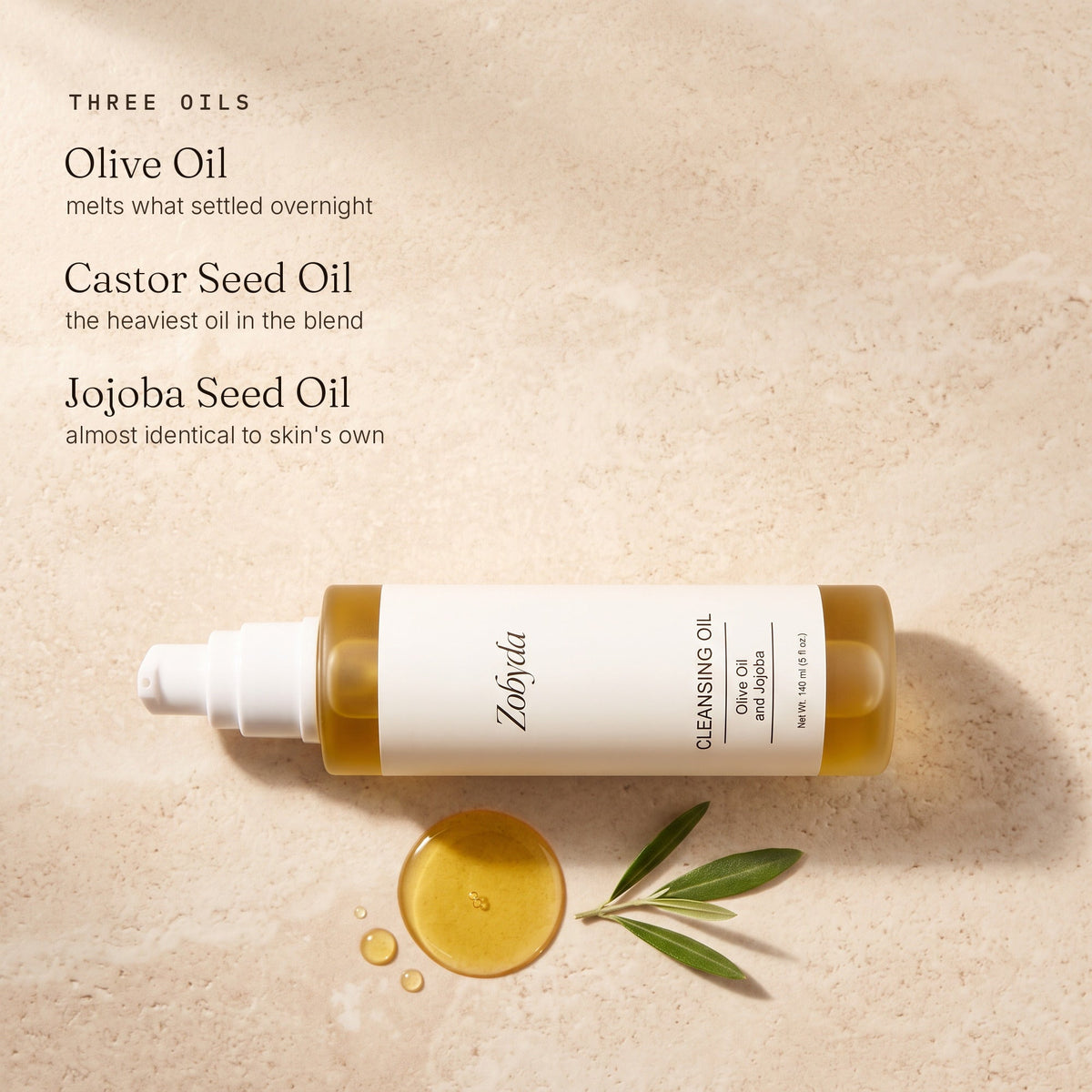 Zobyda Cleansing Oil key ingredients: olive oil, castor seed oil and jojoba seed oil