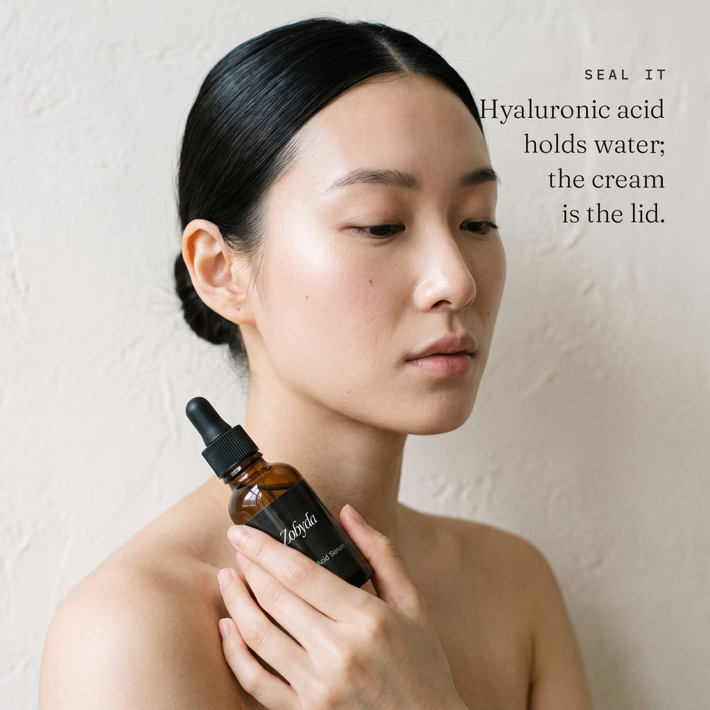 Woman holding the Zobyda Hyaluronic Acid Serum bottle, sealed in with night creme over the top