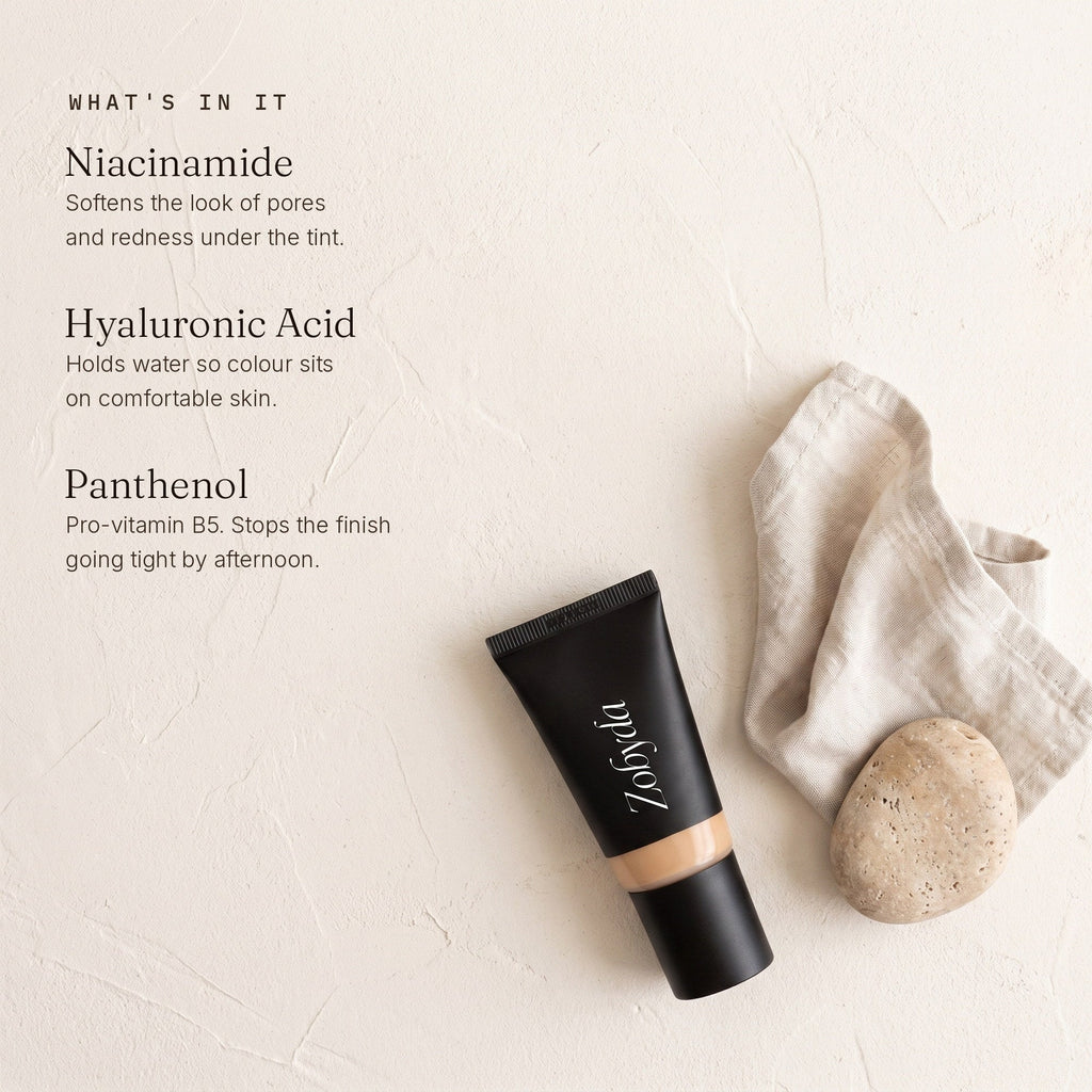 Zobyda Tinted Moisturizer key ingredients: niacinamide, hyaluronic acid and panthenol