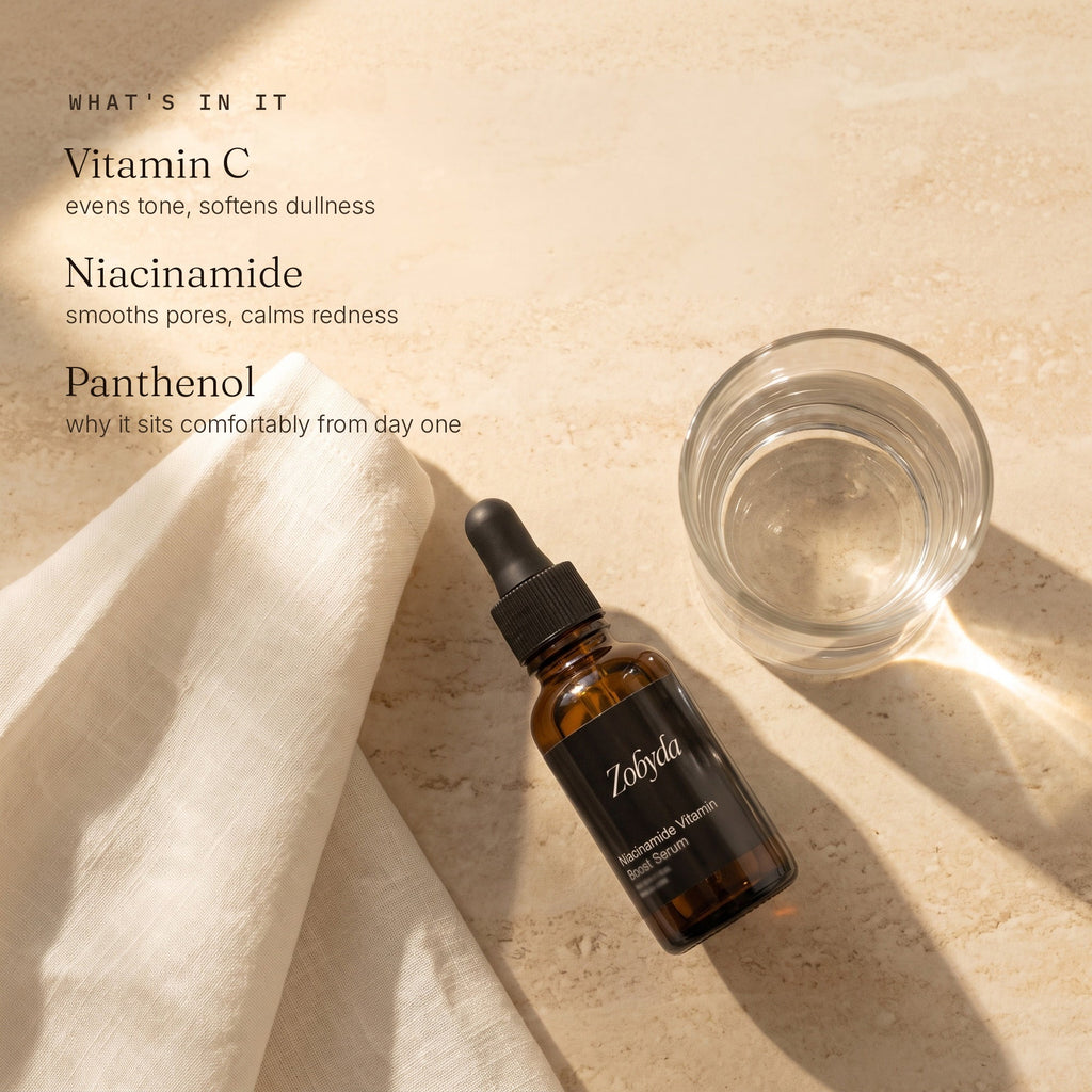 Zobyda Niacinamide Vitamin Boost Serum key ingredients: vitamin C, niacinamide and panthenol