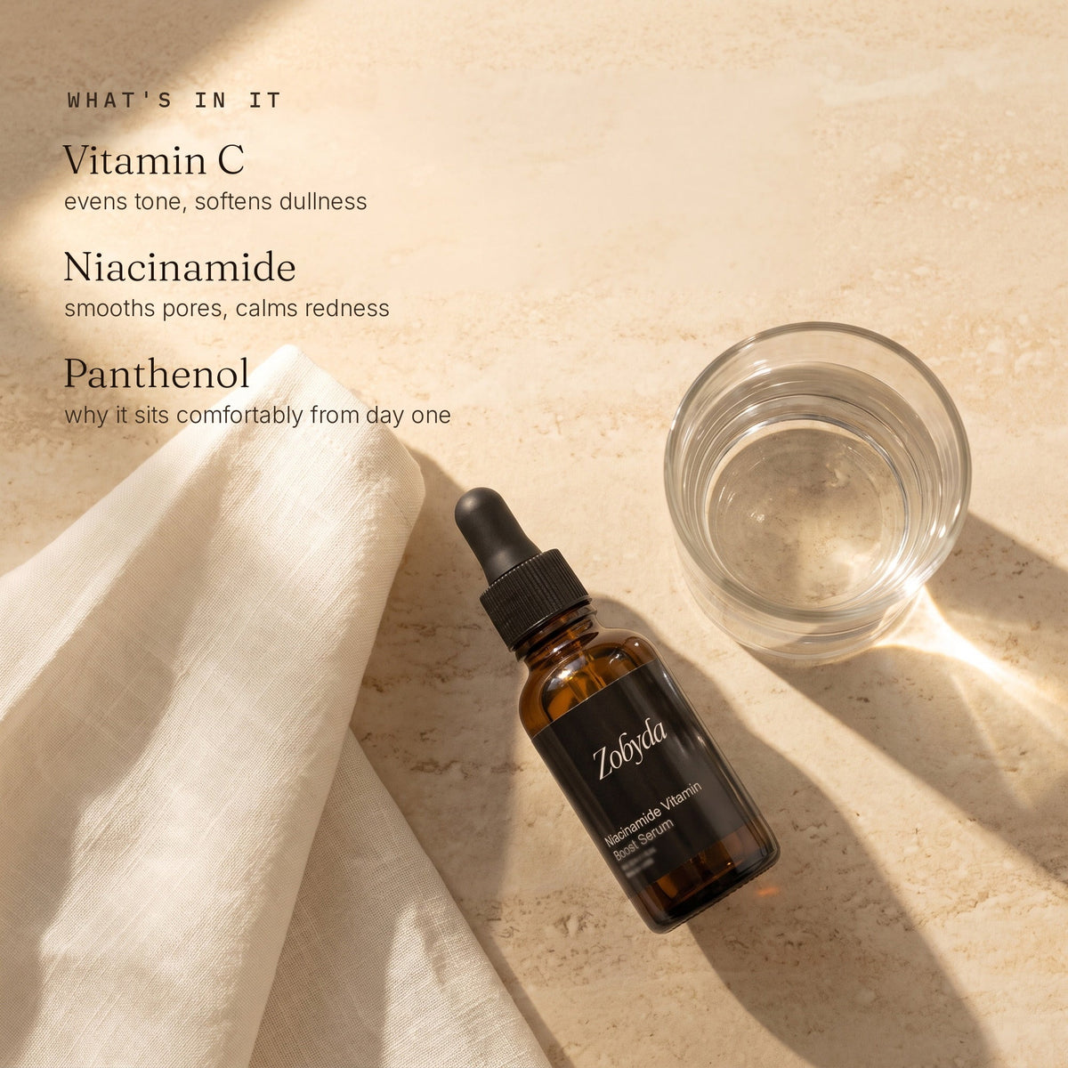 Zobyda Niacinamide Vitamin Boost Serum key ingredients: vitamin C, niacinamide and panthenol