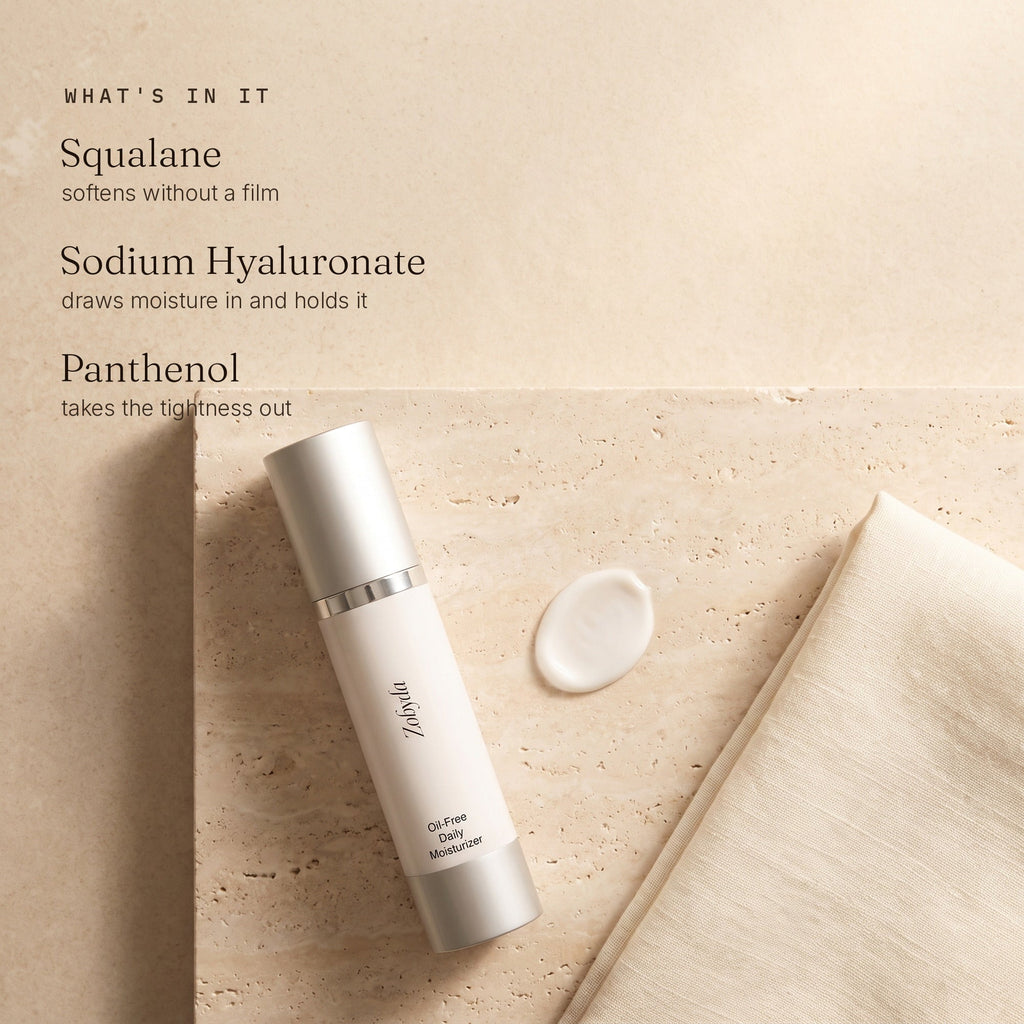 Zobyda Oil-Free Daily Moisturizer key ingredients: squalane, sodium hyaluronate and panthenol