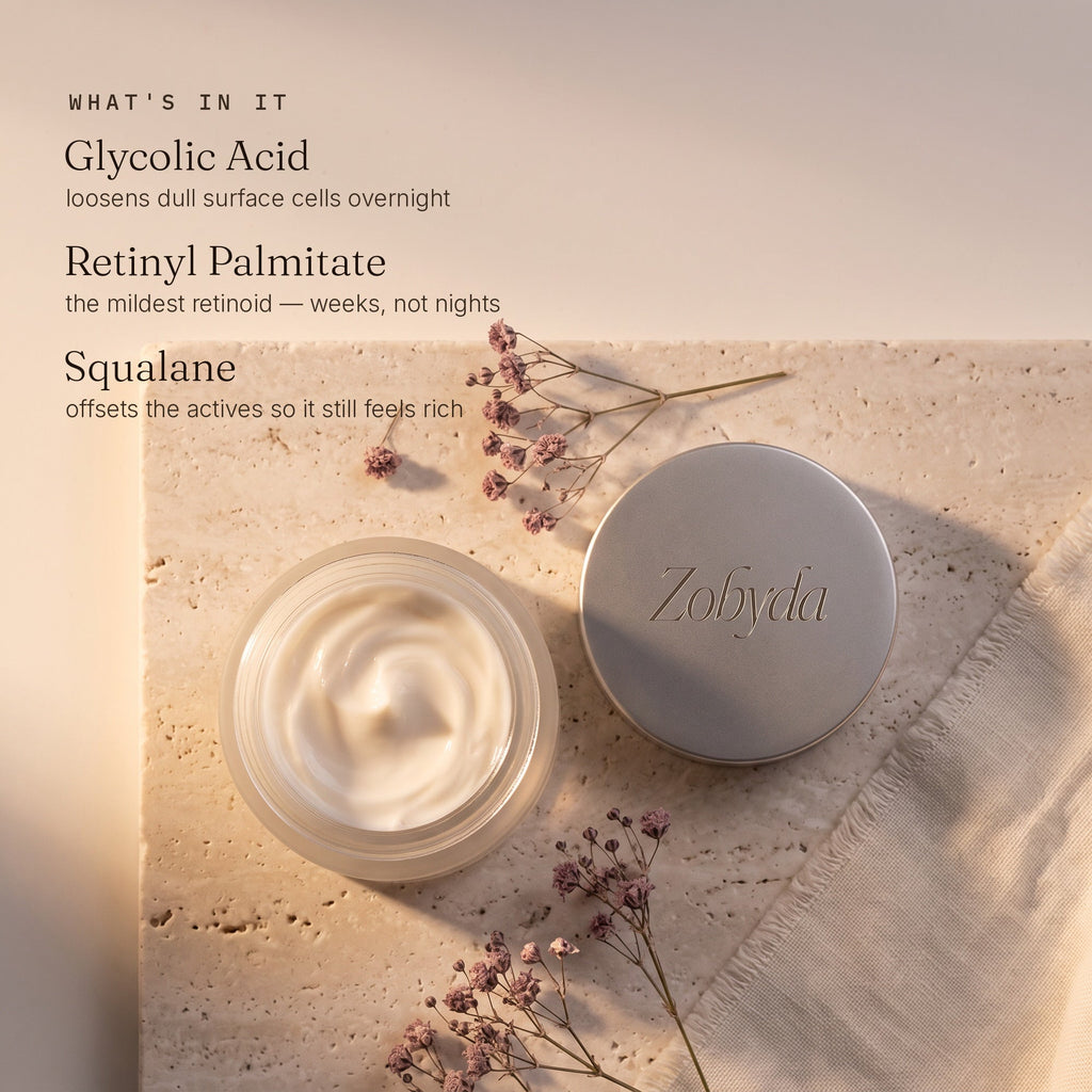 Zobyda Night Renewal Creme key ingredients: glycolic acid, retinyl palmitate and squalane
