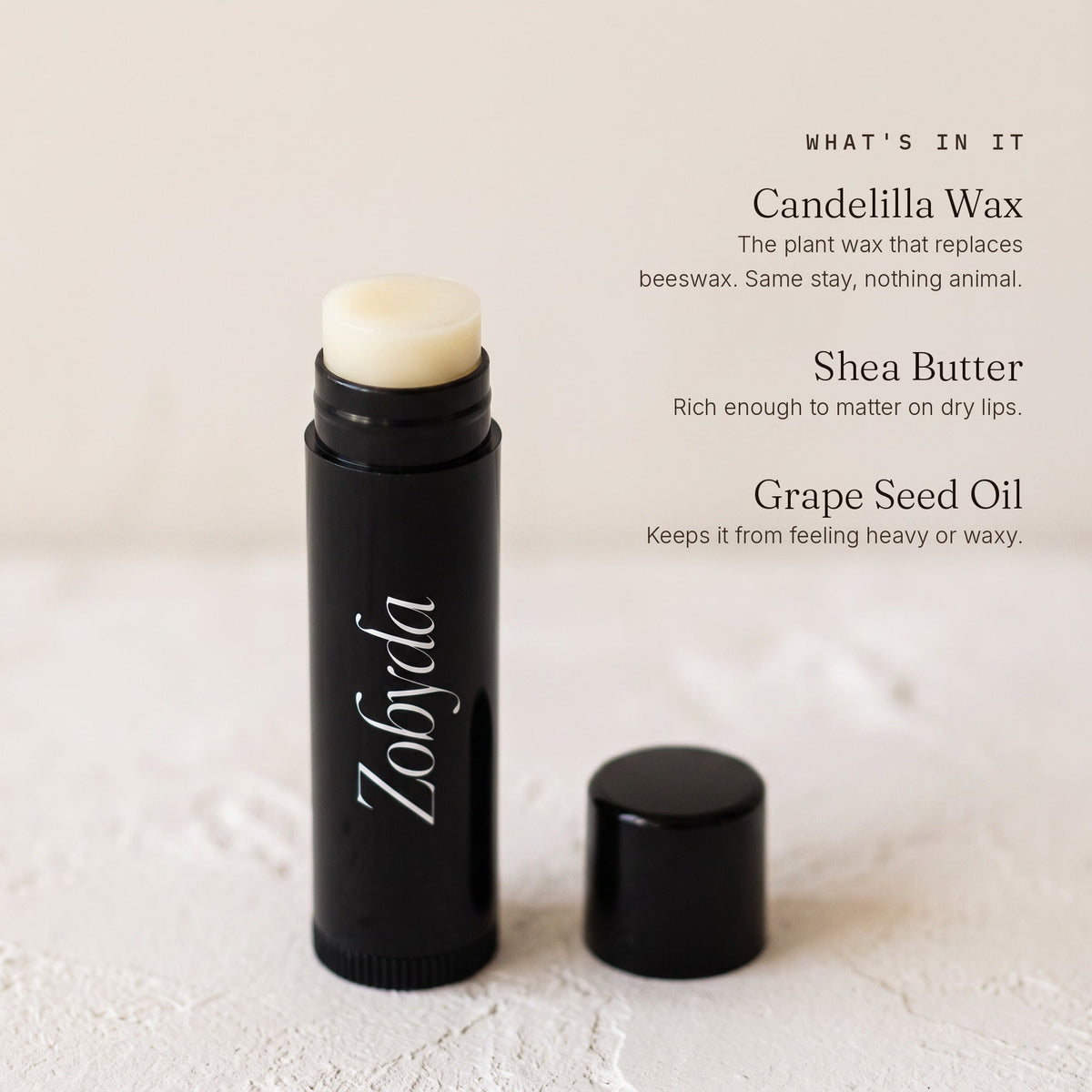 Zobyda Vegan Lip Balm key ingredients: candelilla wax, shea butter and grape seed oil