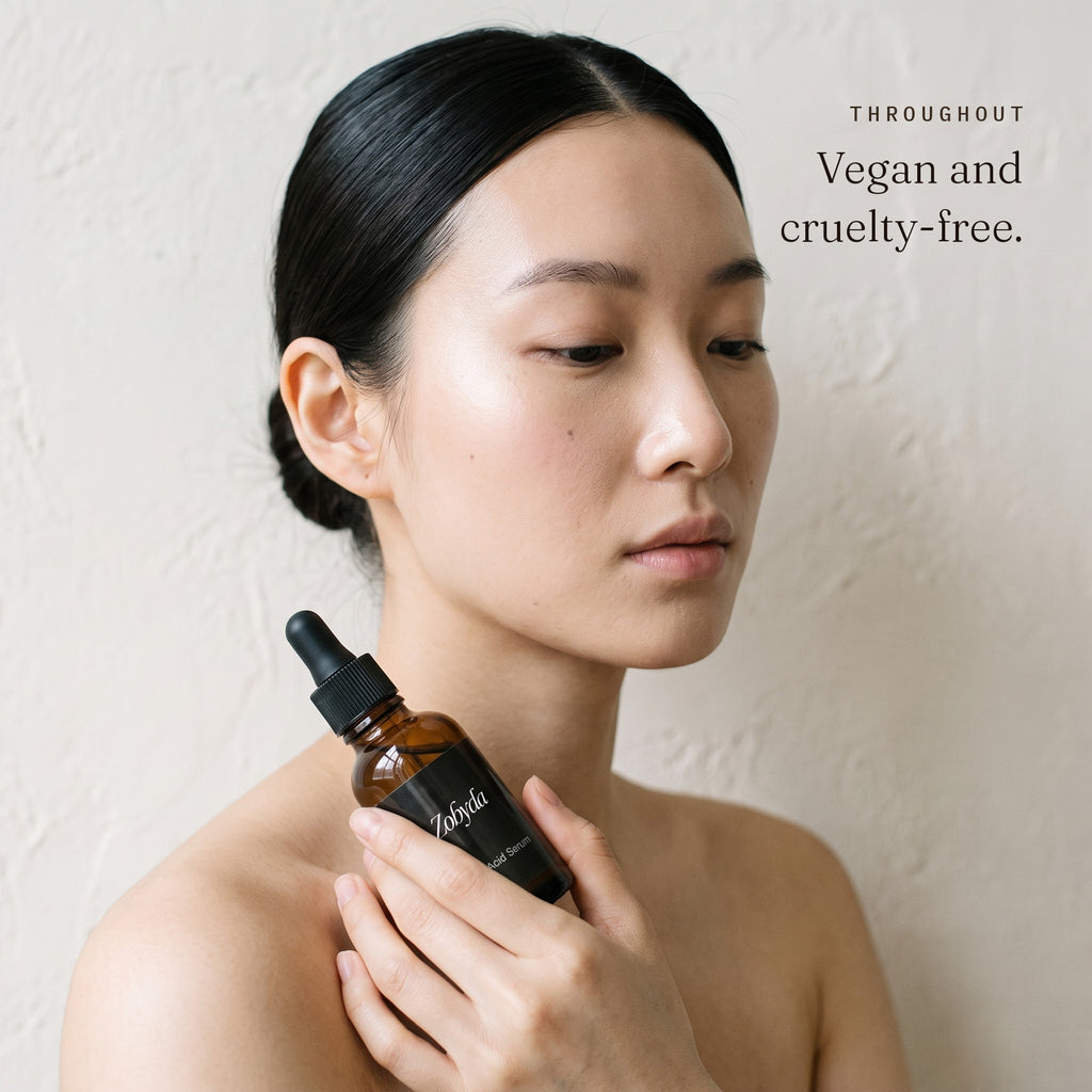 Woman holding the Zobyda Hyaluronic Acid Serum: vegan and cruelty-free throughout