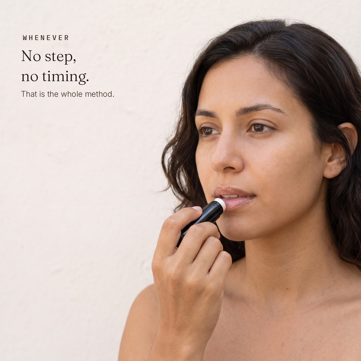 Woman applying the Zobyda Vegan Lip Balm from The Full Edit: no step, no timing