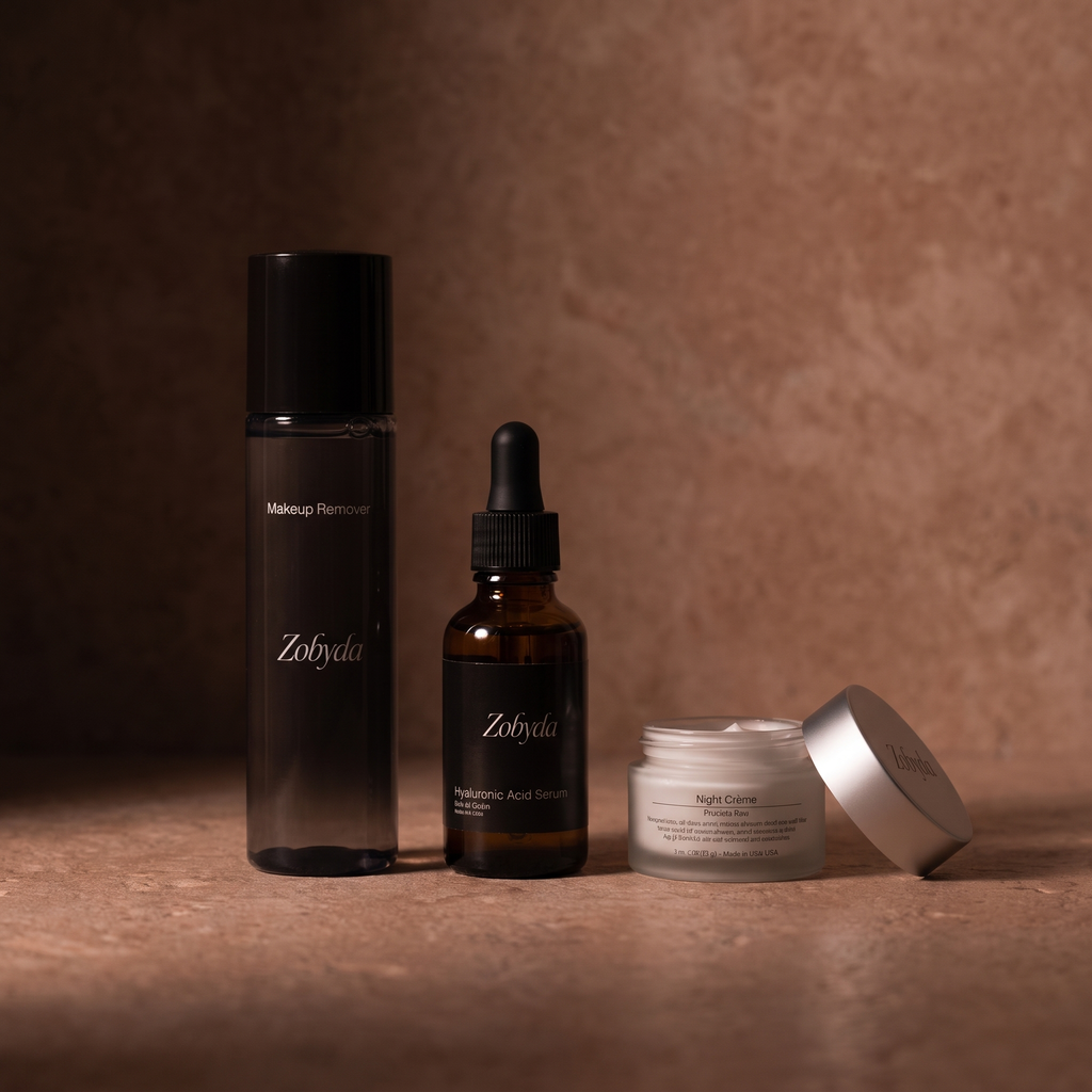 The three PM routine products from The Full Edit in low evening light
