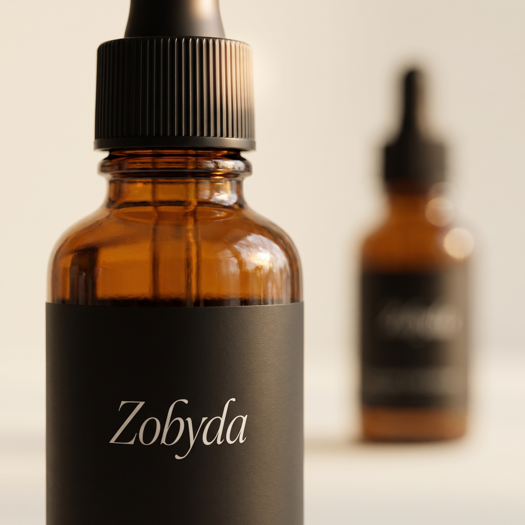Close detail of the amber Zobyda serum bottle and its black label
