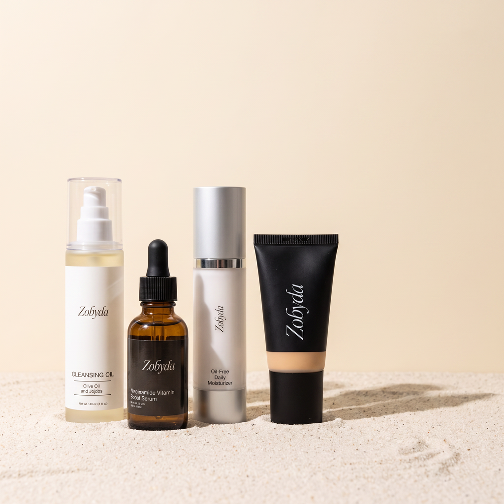 The four AM routine products from The Full Edit in morning light