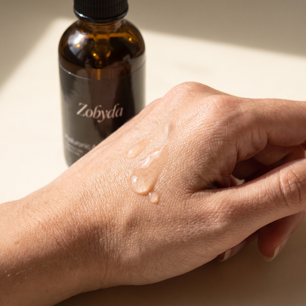 Drops of Zobyda serum on the back of a hand, bottle behind