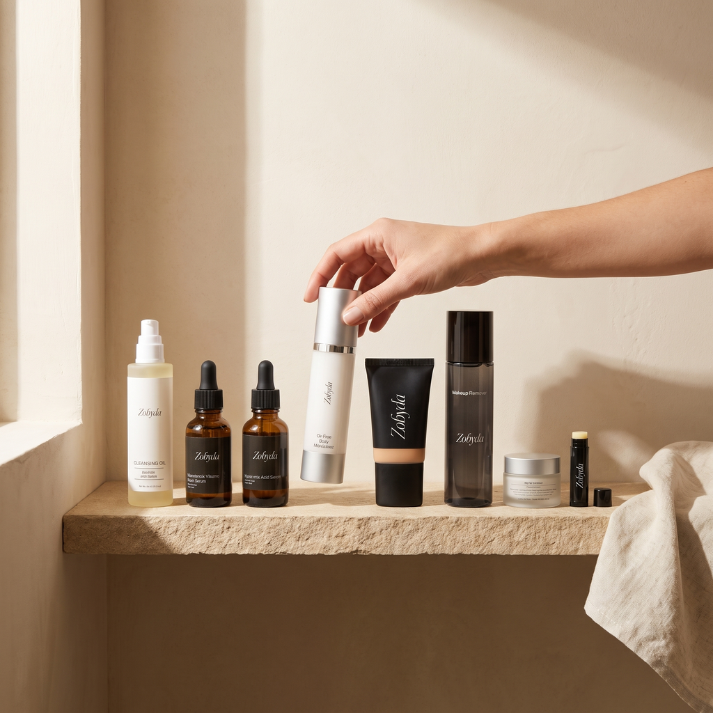 All eight Zobyda products on a warm bathroom shelf, a hand lifting one bottle
