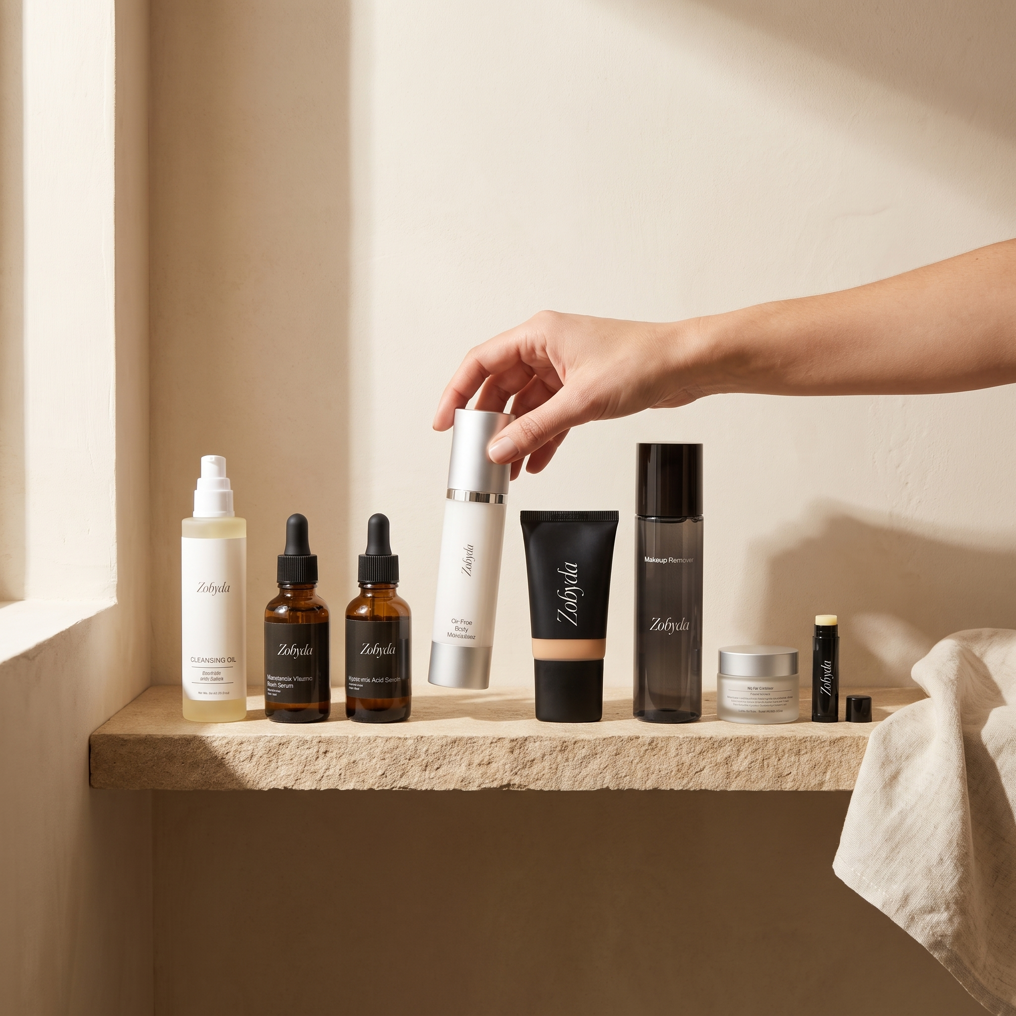 All eight Zobyda products on a warm bathroom shelf, a hand lifting one bottle