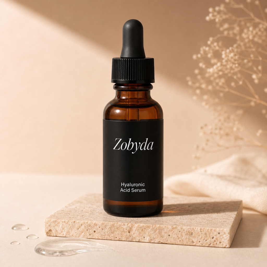 Zobyda Hyaluronic Acid Serum bottle in editorial skincare scene