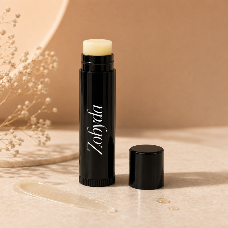 Zobyda Vegan Lip Balm tube in editorial skincare scene