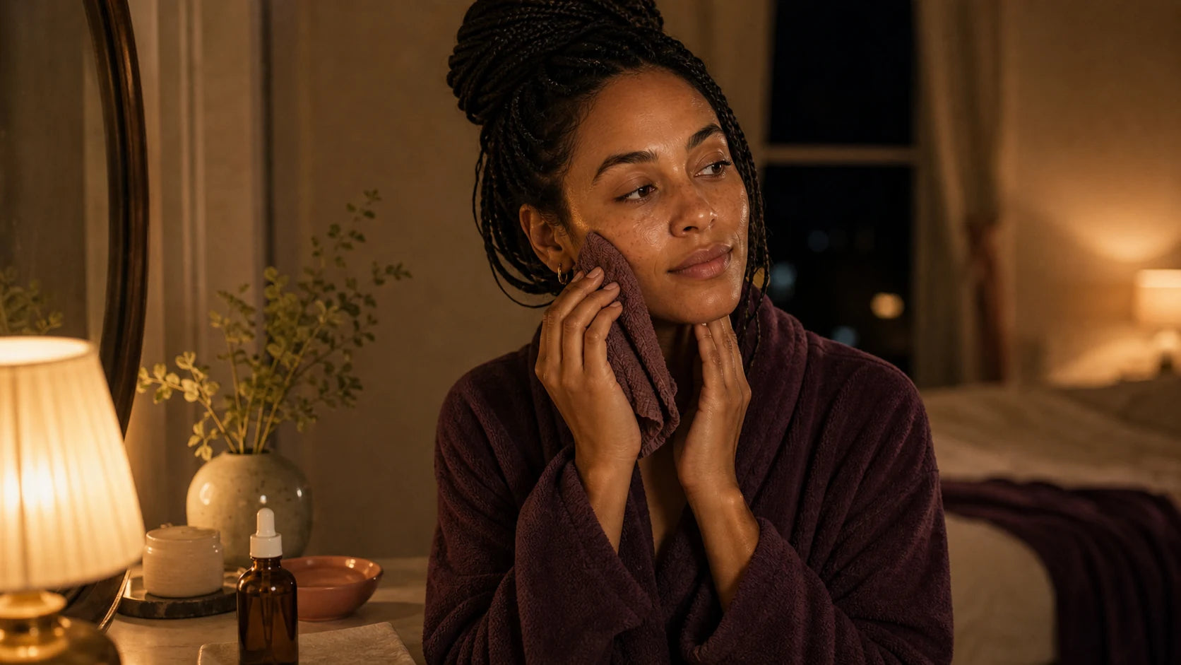 Model using night skincare in a warm softly lit bedroom