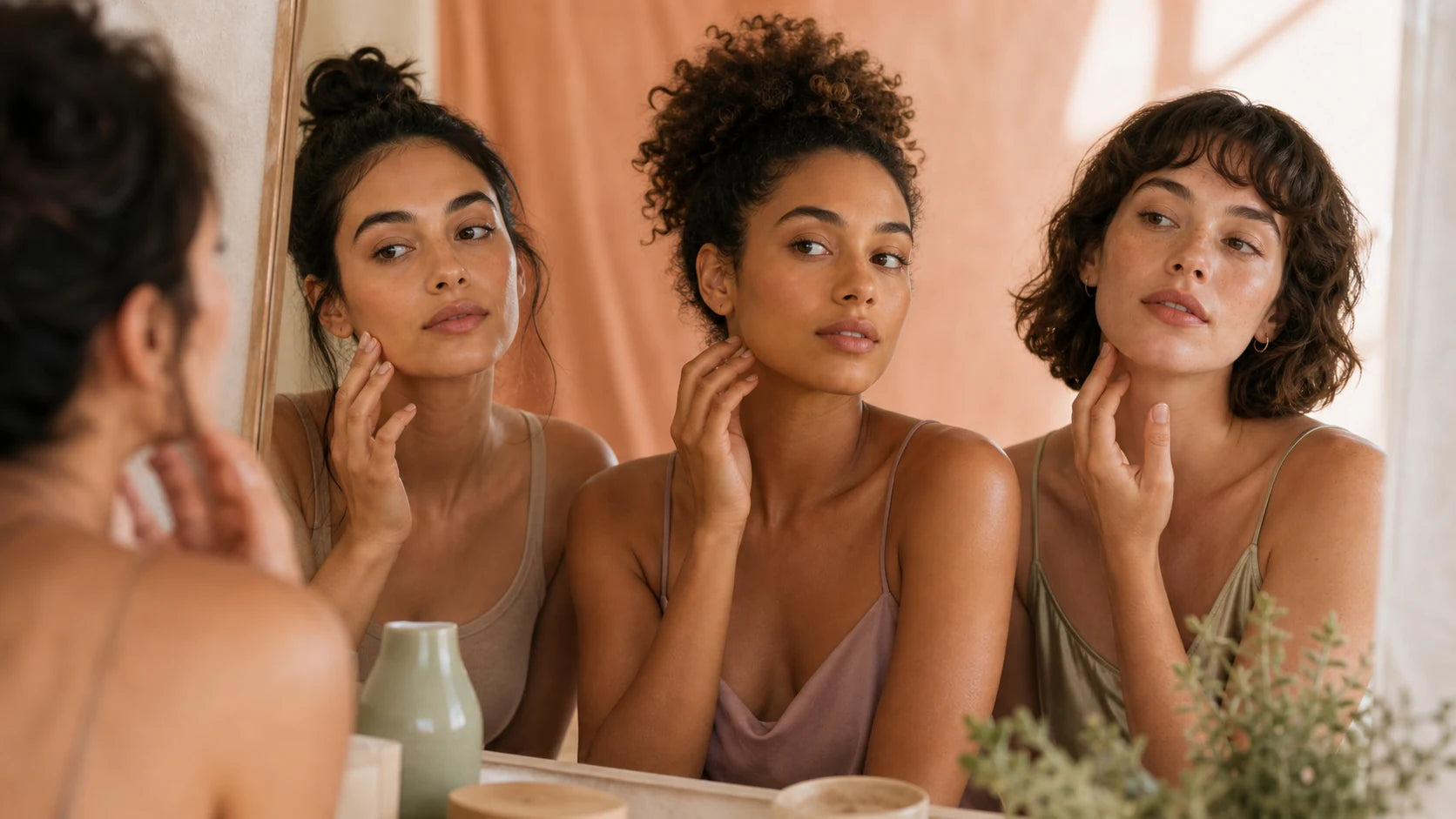 Models comparing everyday skin tint shades in a warm bathroom setting